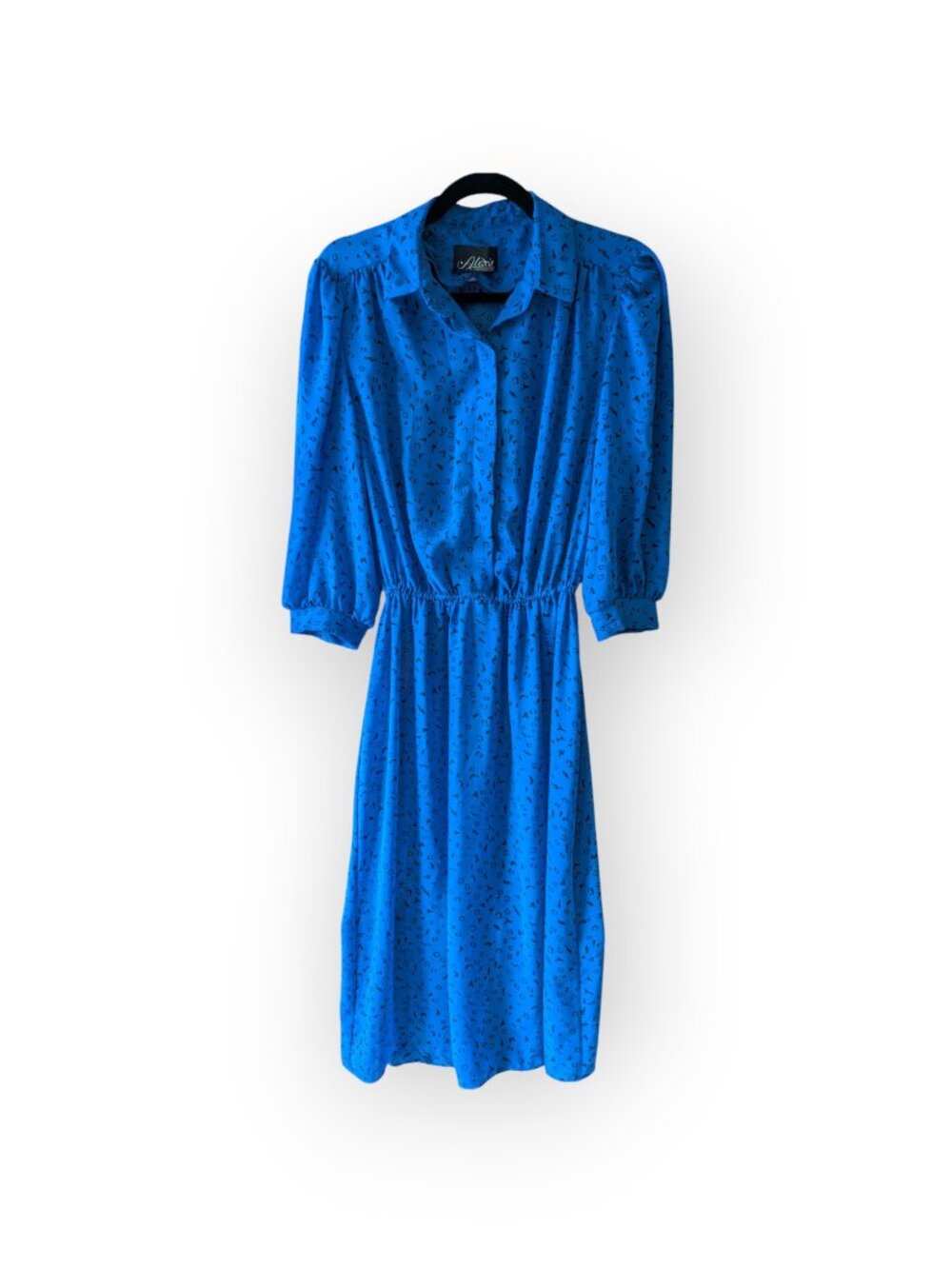 Vintage 80s Alexis Fashions Blue Black Geometric Midi Dress